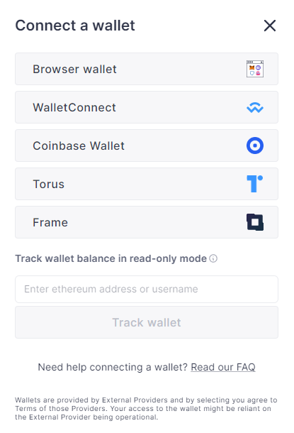 Screenshot of a typical wallet connect interface