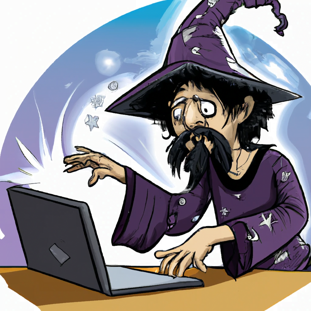 web3 wizard casting a spell over his laptop