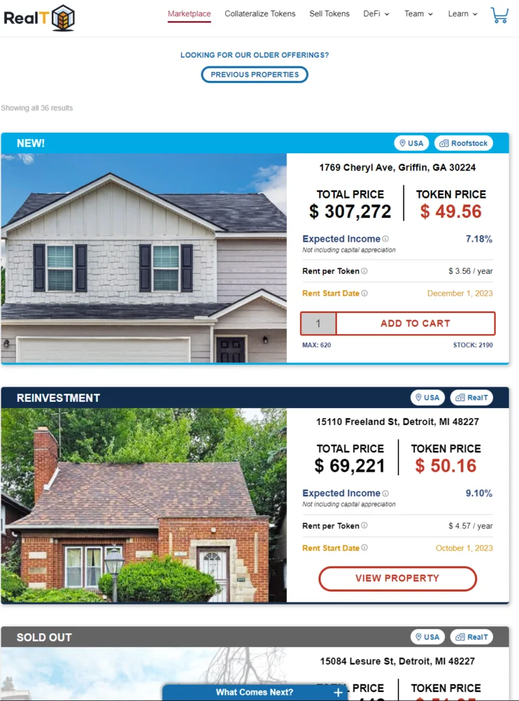 a screenshot of the RealT marketplace showing property tokens that are available to purchase and the expected income from each token.