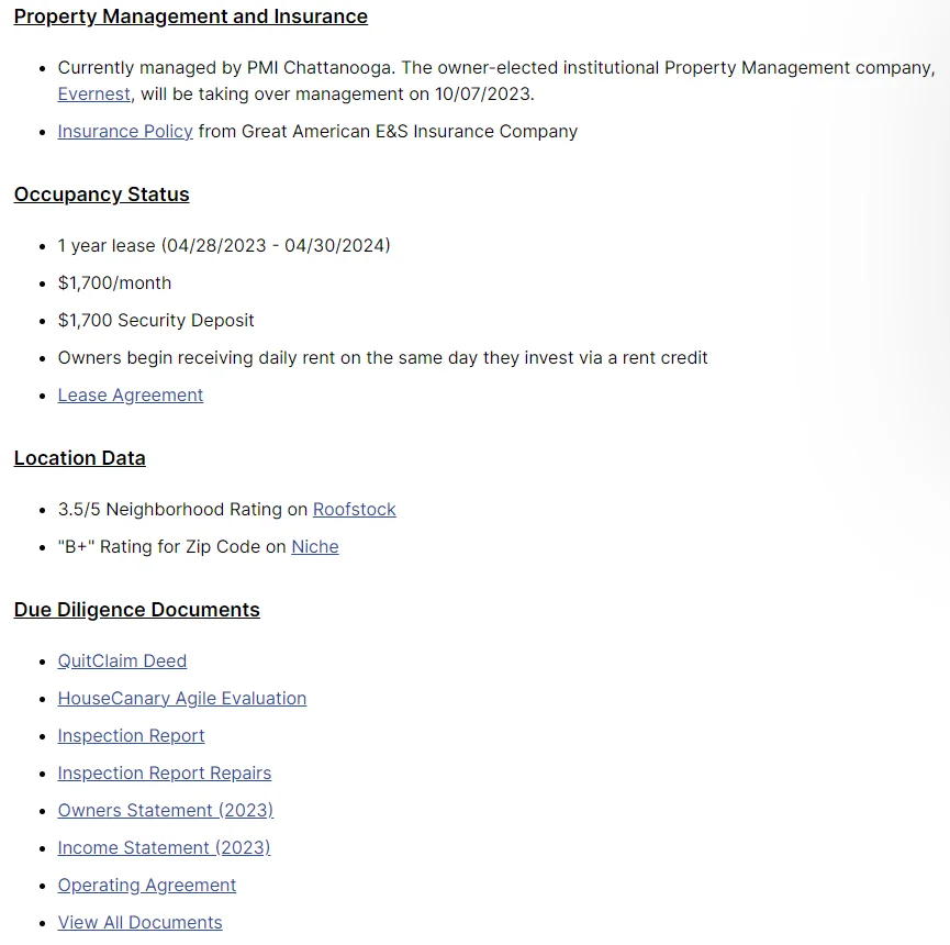 Various information so investors are able to conduct their due diligence on each property investment