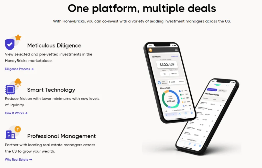 Screenshot of the honeybricks website showing their app and features