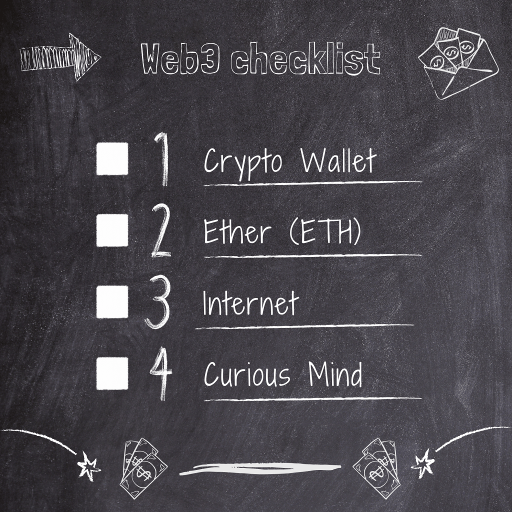 chalkboard image of a web3 checklist: crypto wallet, ether (eth), internet, curious mind.
